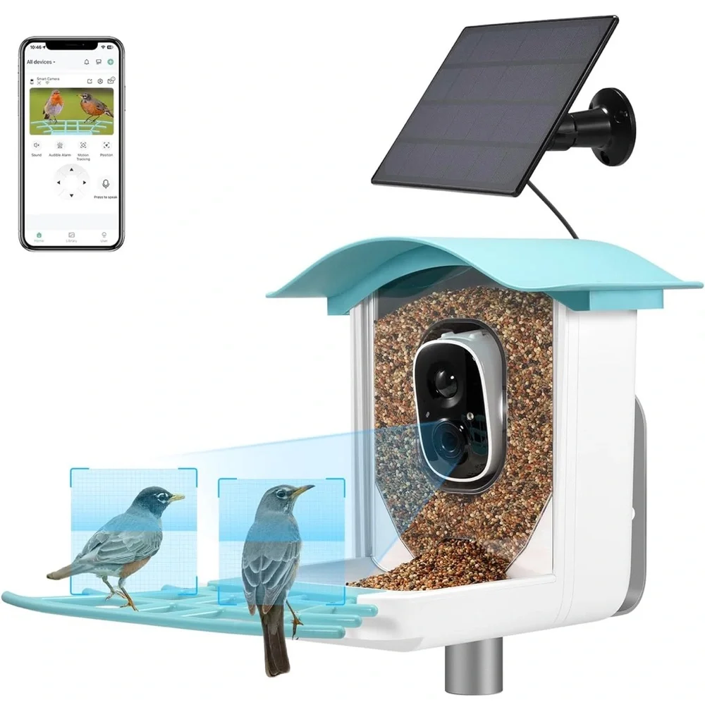 Smart Bird Feeder with Camera and Solar Panel - Blue and White